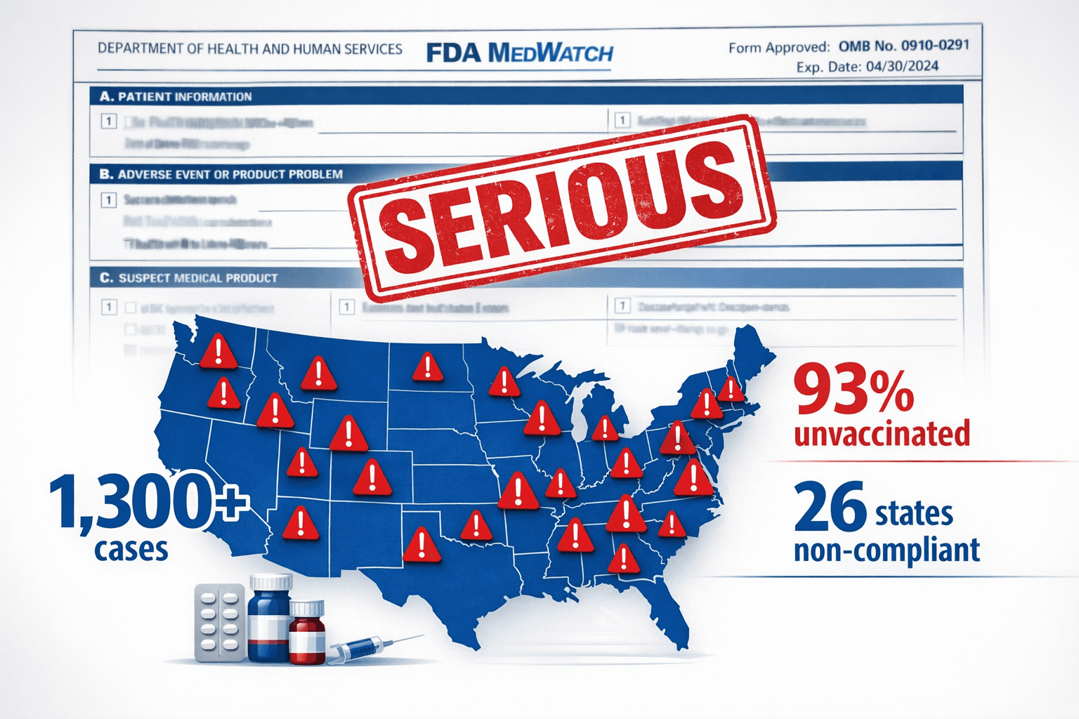 FDA MedWatch adverse event report infographic showing a U.S. map with measles outbreak markers and a SERIOUS stamp