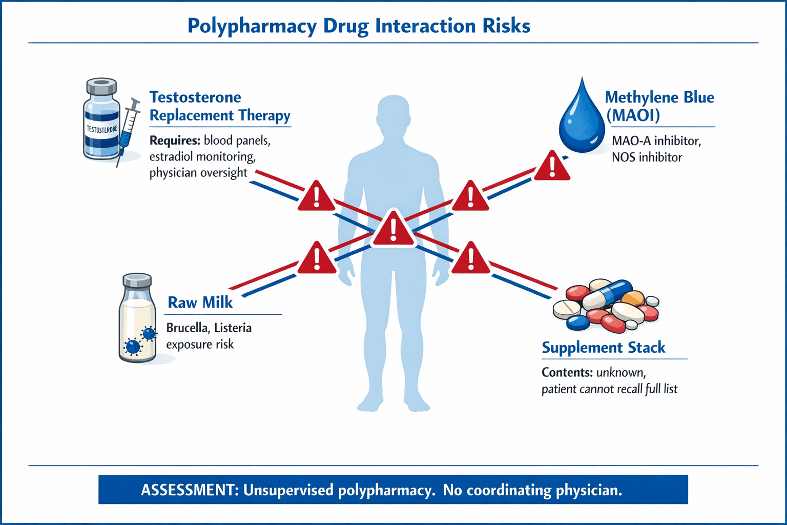 Pharmaceutical infographic showing polypharmacy drug interaction risks: a body silhouette surrounded by four medication stations (Testosterone Replacement Therapy, Methylene Blue MAOI, Raw Milk with Brucella and Listeria risk, and an unknown Supplement Stack) with warning triangles at interaction points and assessment reading Unsupervised polypharmacy with no coordinating physician
