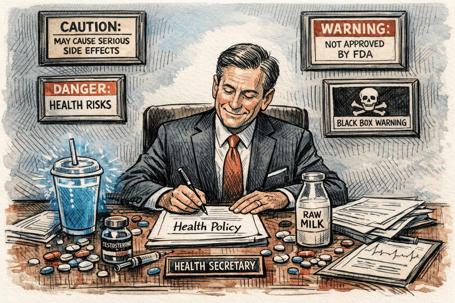 Editorial cartoon: Health Secretary at official desk signing policy documents, surrounded by a blue smoothie, raw milk, scattered pills, with warning labels and black box warnings framed on the wall behind him