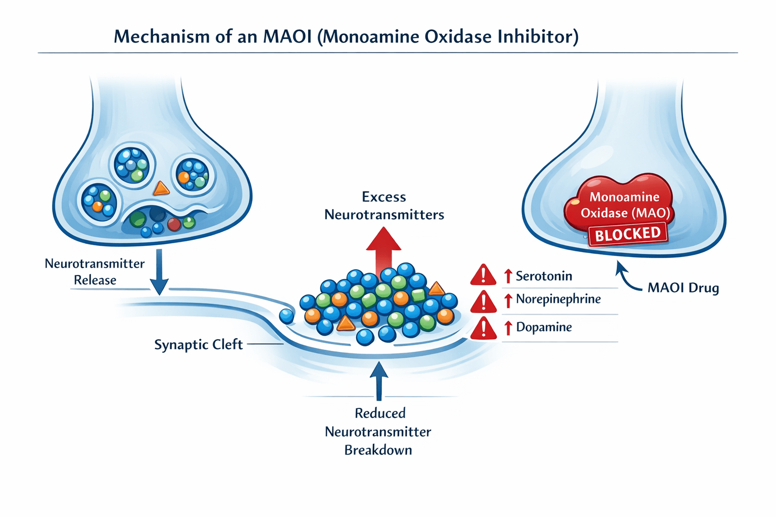 Medical textbook diagram showing MAOI mechanism: neurotransmitters accumulating in synaptic cleft with monoamine oxidase blocked