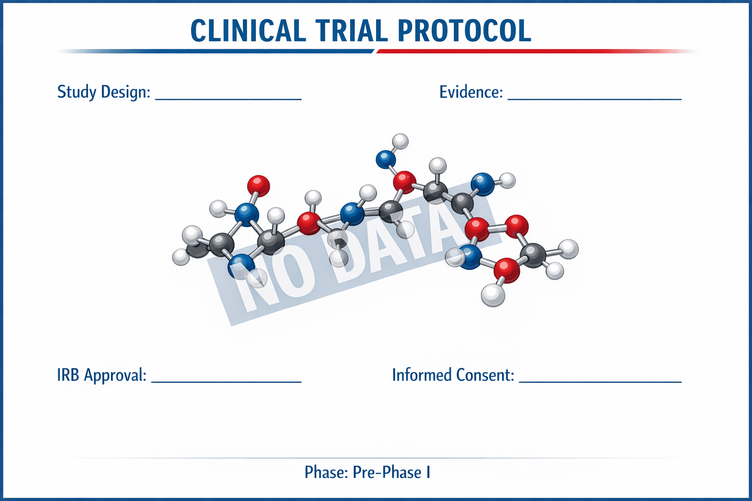Clinical trial protocol infographic showing an empty form with NO DATA watermark and a peptide molecular chain