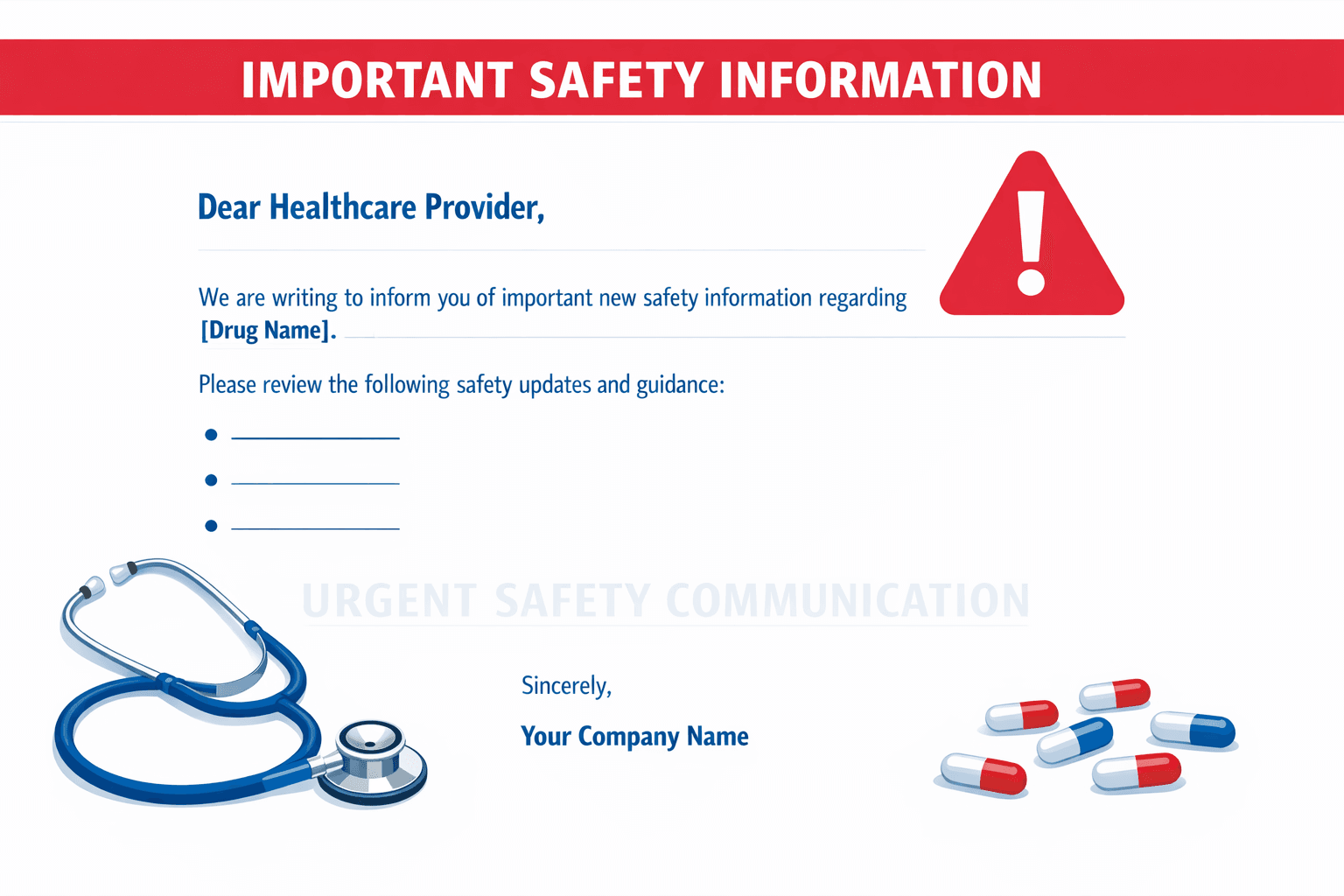 Dear Healthcare Provider letter infographic with IMPORTANT SAFETY INFORMATION banner, stethoscope, and warning triangle