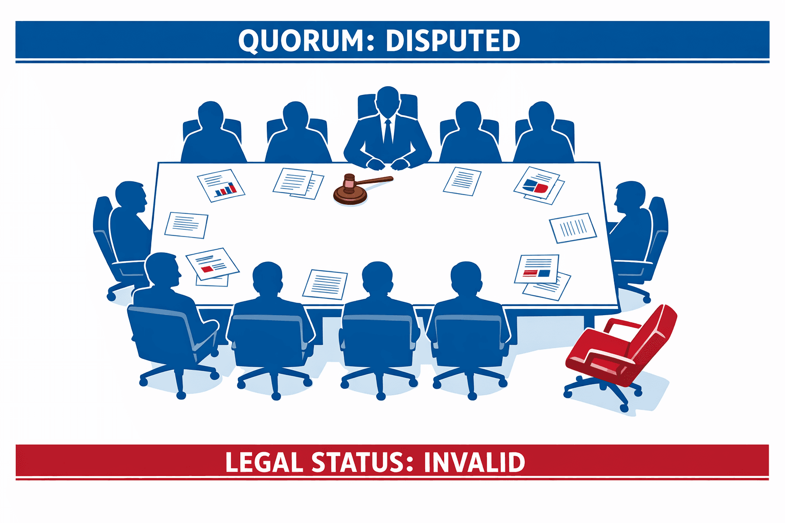 Committee meeting infographic showing a conference table viewed from above with one chair dramatically pushed back and QUORUM DISPUTED label